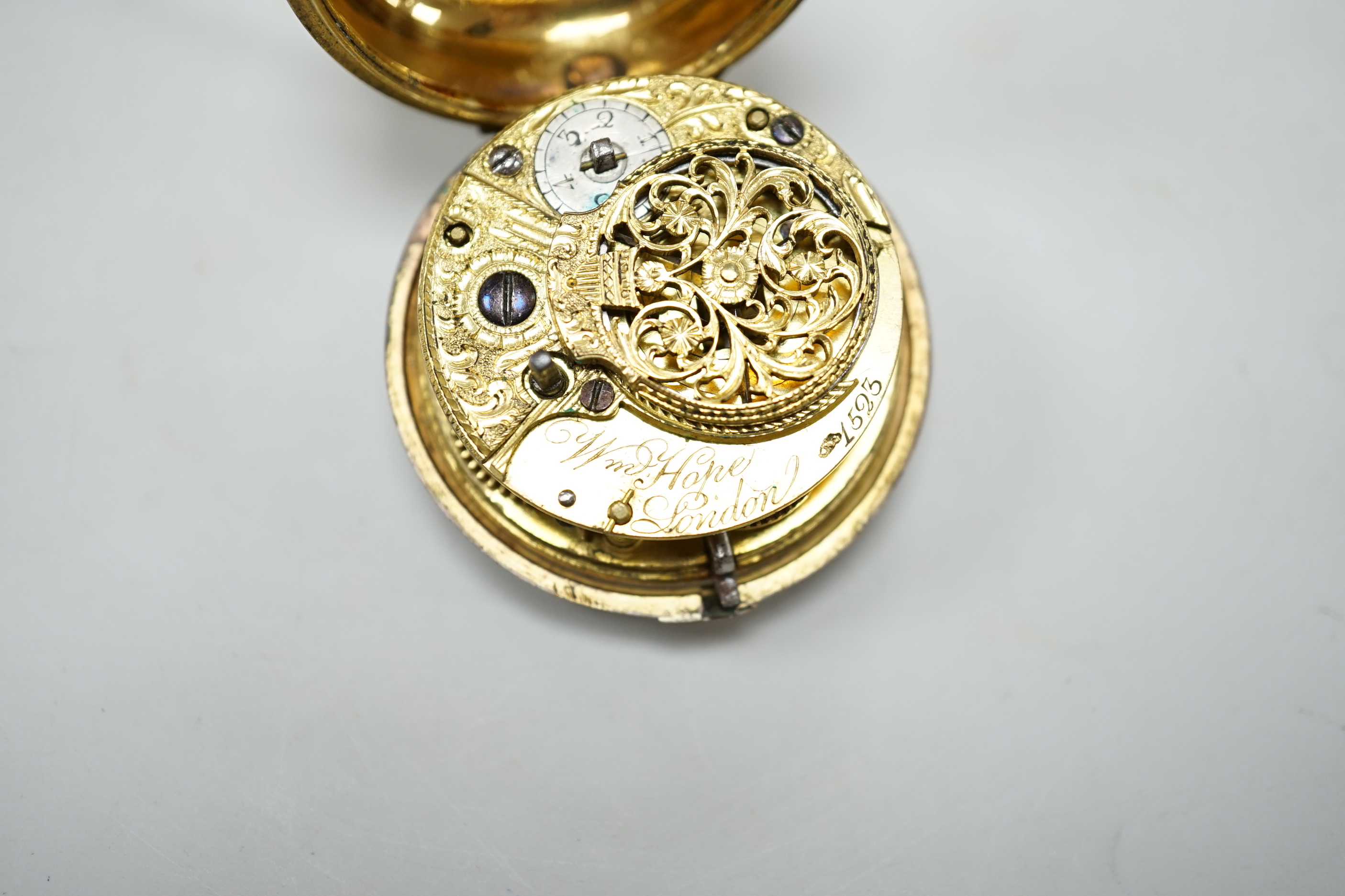 An 18th century gilt metal pair cased keywind verge pocket watch, by William Hope, London, with Roman dial, the signed movement numbered 1523.